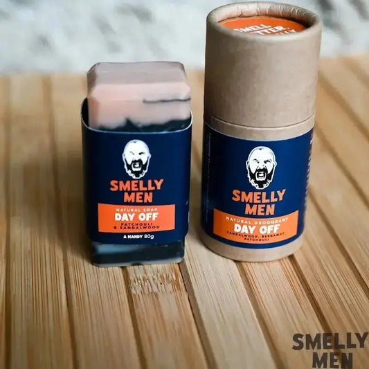 Smelly Men Day Off Travel Soap and Deodorant for Men Patchouli and Sandalwood  on wooden table