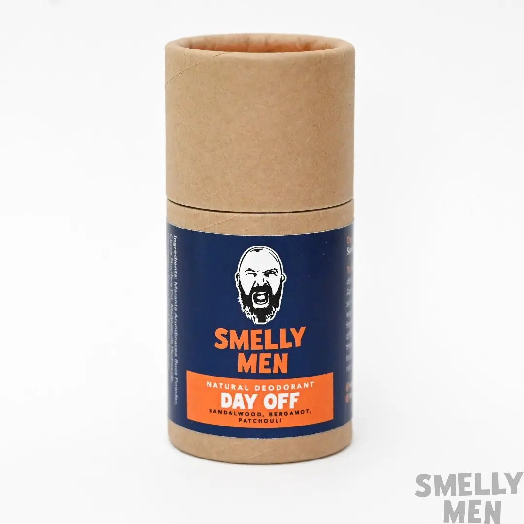 Smelly Men Day Off natural deodorant tube on a white background