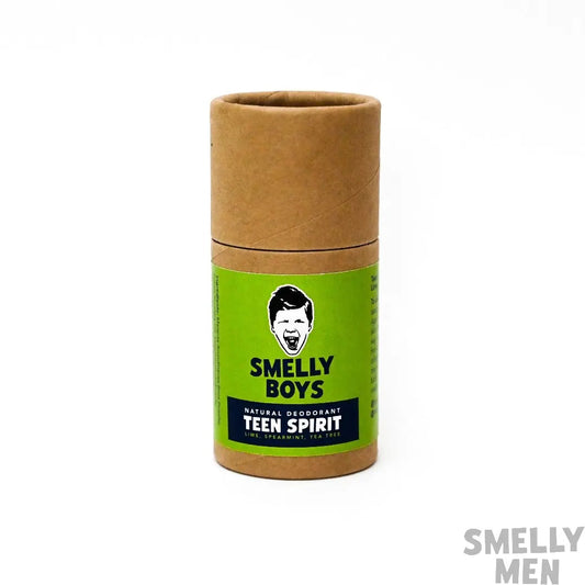 Smelly Boys Teen Spirit Deodorant tube with Lime, Spearmint & Tea Tree on white background