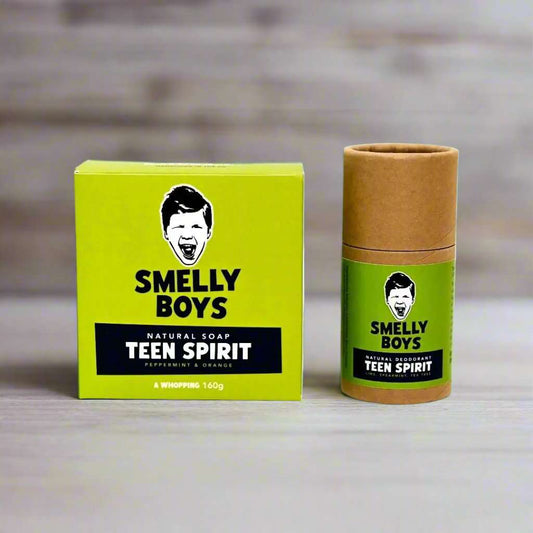 Smelly Boys Teen Spirit Essentials kit on a bathroom counter top.