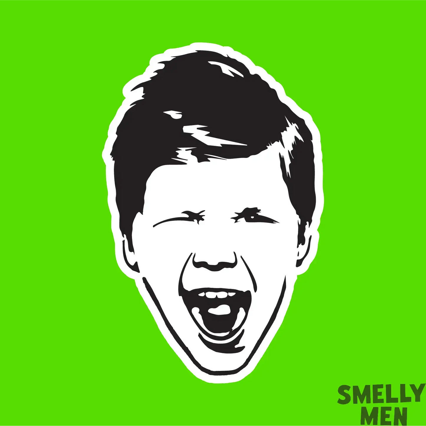 Smelly Boys logo face on a bright green background