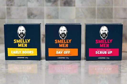 Bases Covered Soap Kit by Smelly Men on a bathroom counter.
