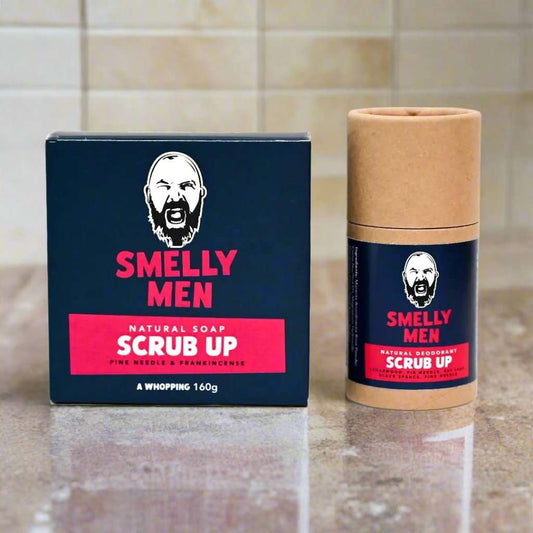 Scrub Up Essentials kit by Smelly Men on marble bathroom counter