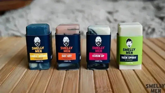 Smelly Men The Full Buffet Natural Travel Soaps on a wood counter