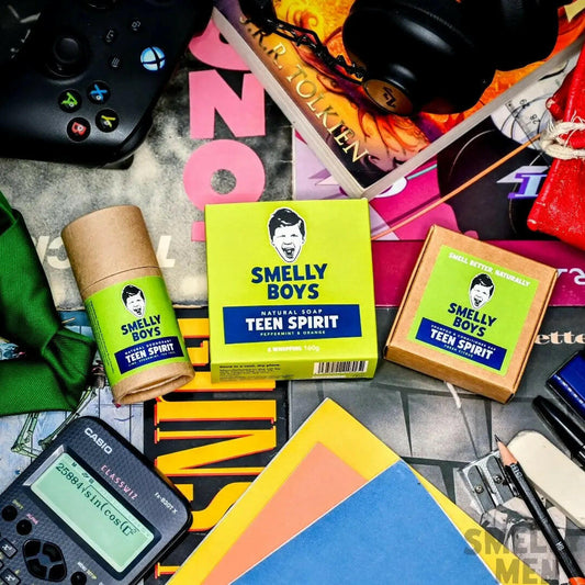 Teen Spirit Full Kit showing a soap, deodorant and shampoo on a background of album covers.