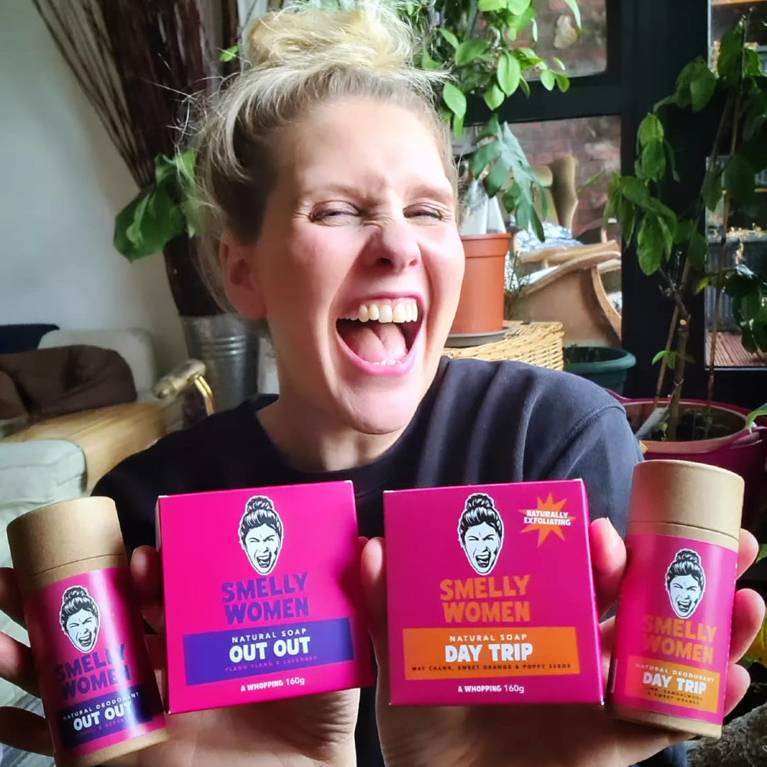 Chara, co-founder of Smelly Men, with Smelly natural soap and deodorant