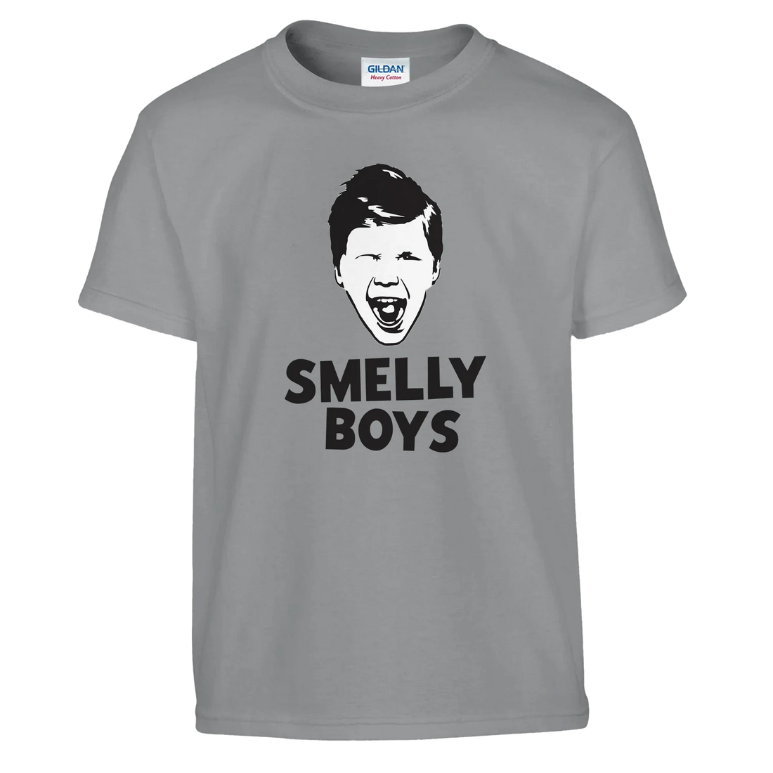 A grey t-shirt in a white background with the words Smelly Boys on the front plus a shouting boys face.