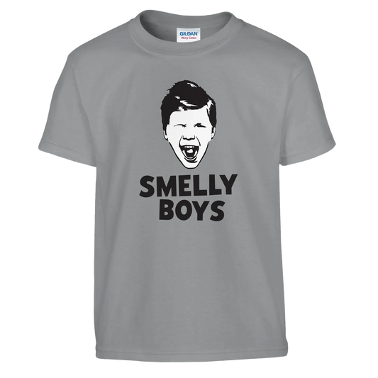 A grey t-shirt in a white background with the words Smelly Boys on the front plus a shouting boys face.