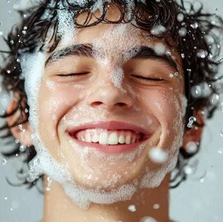 A young man smiling in the shower, face covered in soap suds