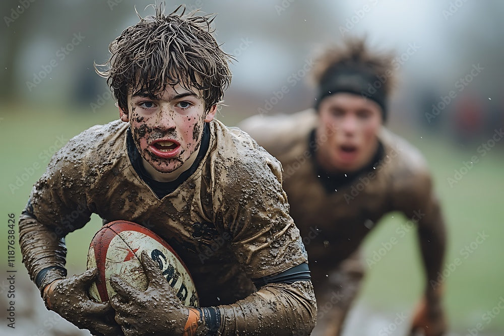 A boy covered in mud running with a rugby ball.