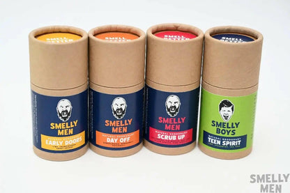 A collection of four Smelly Men deodorants on a white background.