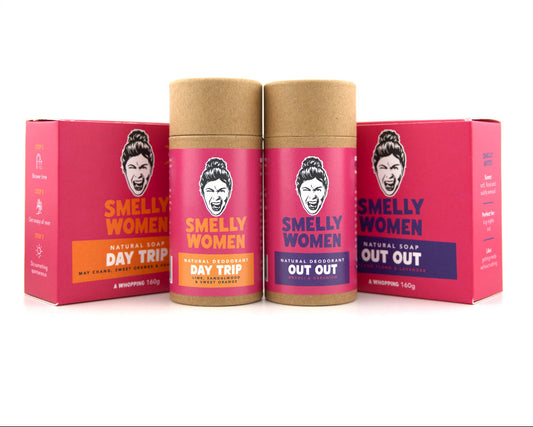 Two cartons  and two tubes of 'Smelly Women' soap and deodorant  on a white background