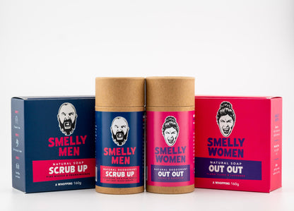 A collection of soaps and deodorants from Smelly Men in blue and pink packaging on a white background.