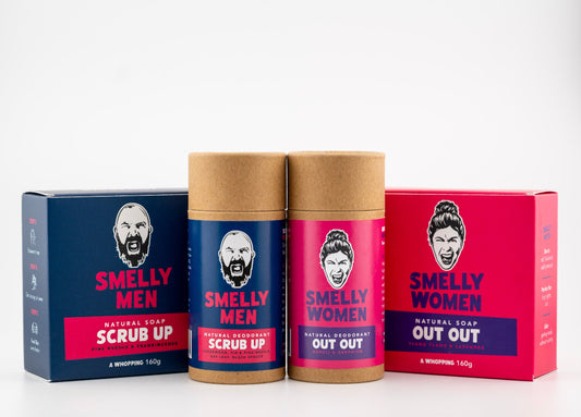 A collection of soaps and deodorants from Smelly Men in blue and pink packaging on a white background.