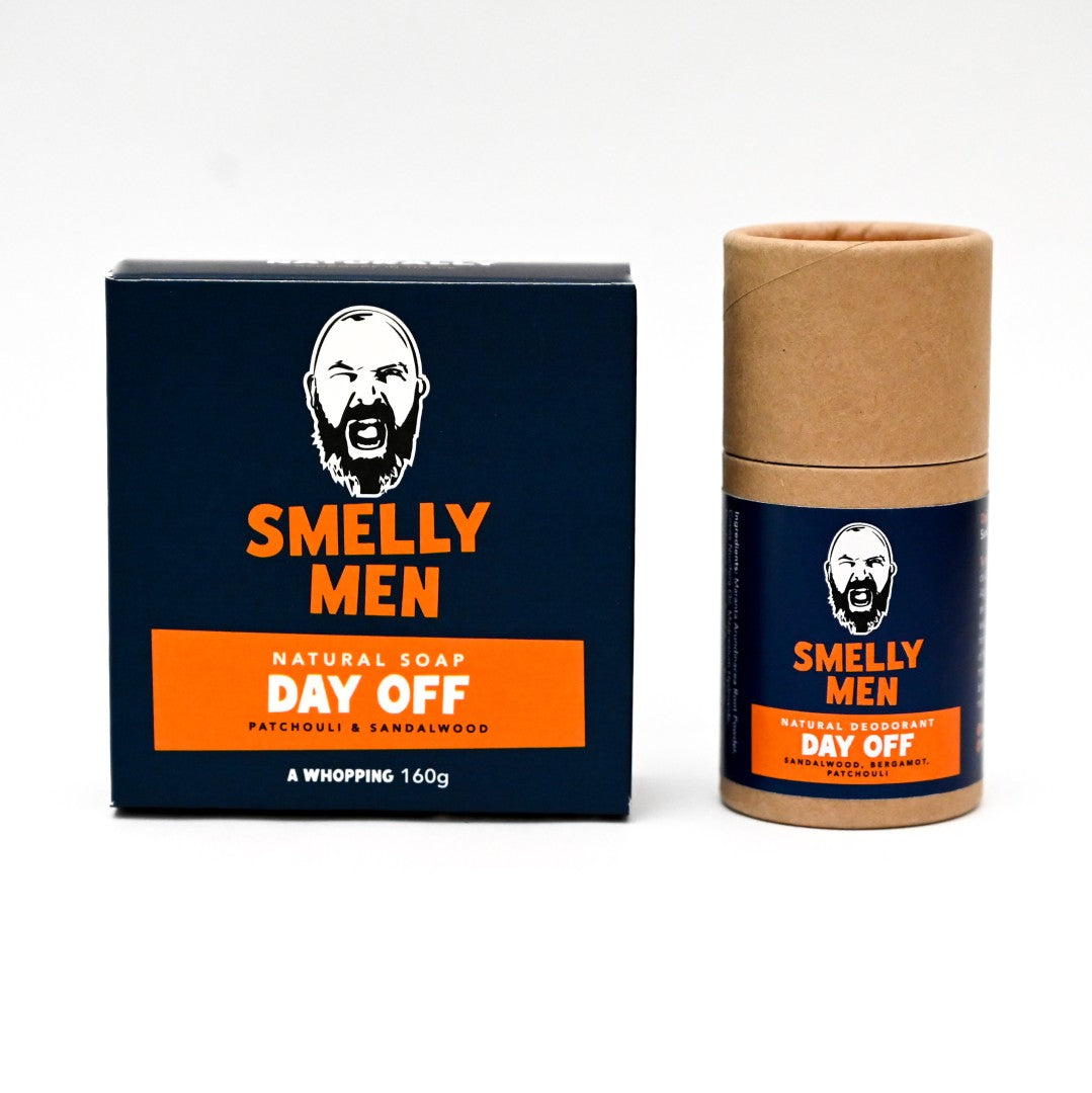 Day Off Soap carton and Day Off deodorant tube on a white background