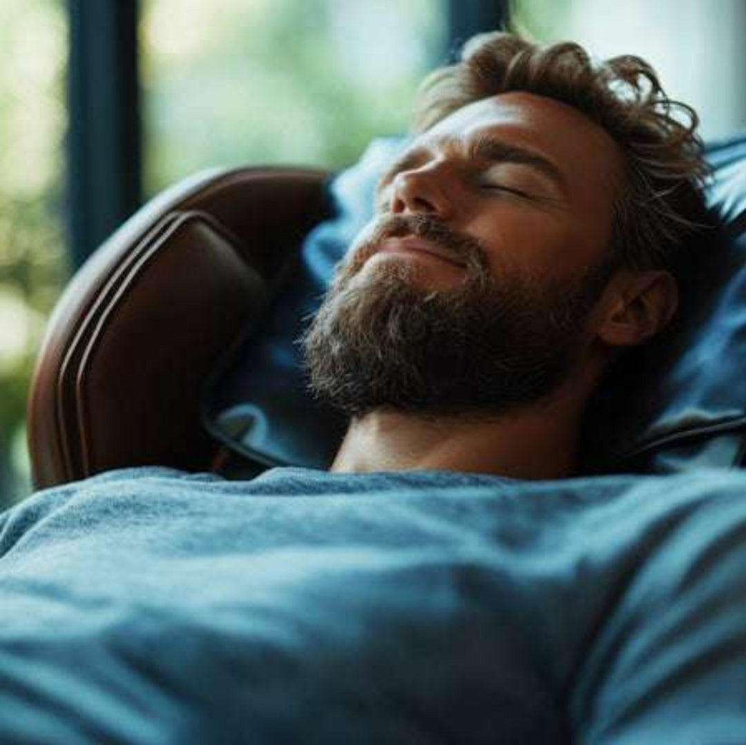 Man with a beard sleeping peacefully in a chair with blue cushions.