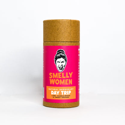 Deodorant container with pink label and card tube on a white background