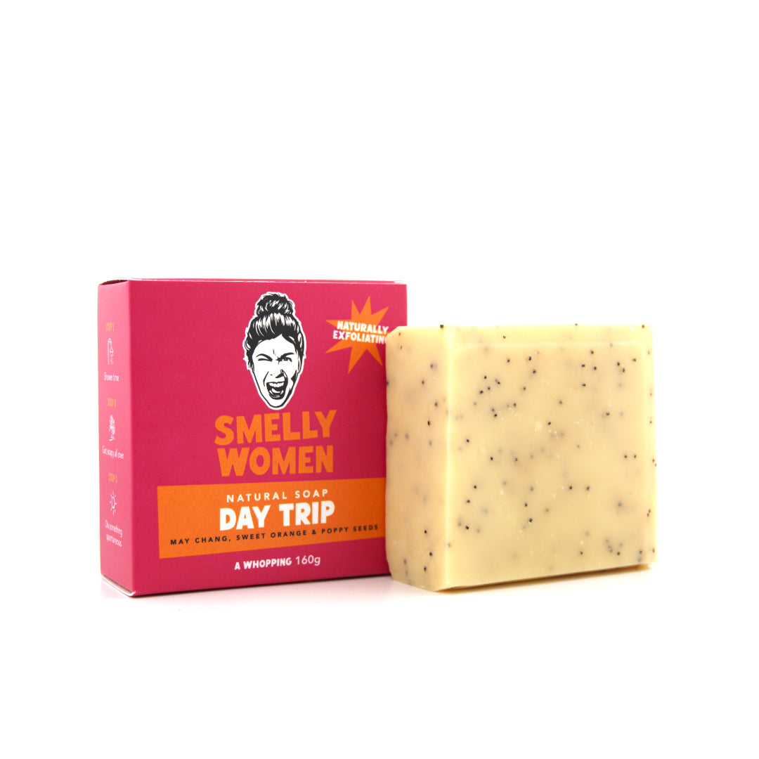 Bar of soap with 'Smelly Women' packaging on a white background