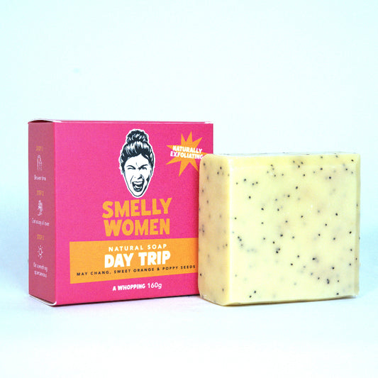 Bar of soap with a pink packaging box labeled 'Smelly Women' on a white background