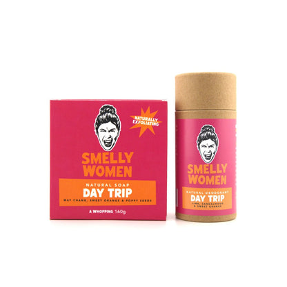 Smelly Women Day Trip natural soap carton and deodorant tube on a white background