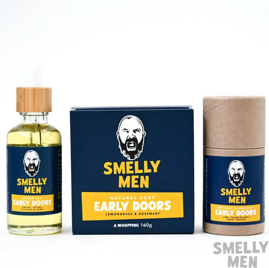 Early Doors natural soap, deodorant and beard oil Breakfast of Champions Kit by Smelly Men