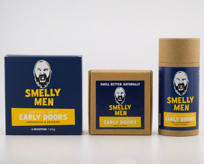 Three 'Smelly Men' product packages on a white background
