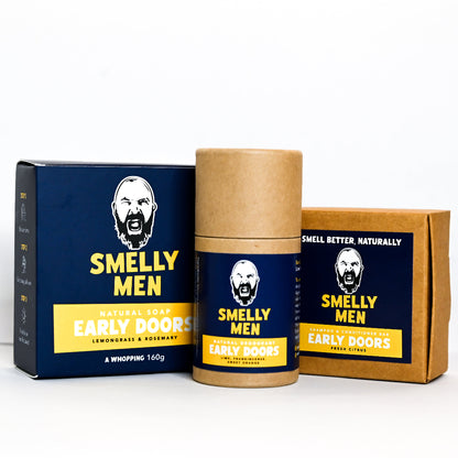 Smelly Men soap, shampoo and deodorant packaging with blue and brown design on a white background