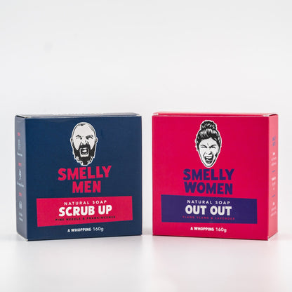 Two boxes of soap, one for 'Smelly Men' and one for 'Smelly Women', on a white background.