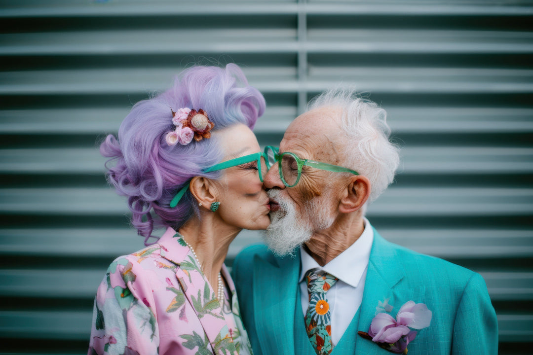 Elderly couple in colorful outfits kissing in front of a striped background