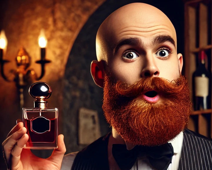 A man with a beard wearing a bow tie holding a perfume bottle.