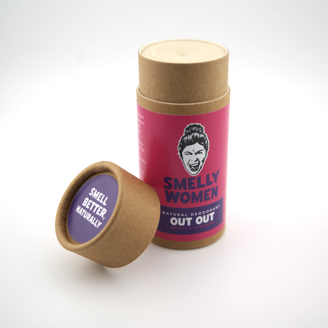 A cardboard deodorant container with a pink label on a white background
