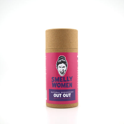 Deodorant stick with pink label and brown cap on white background