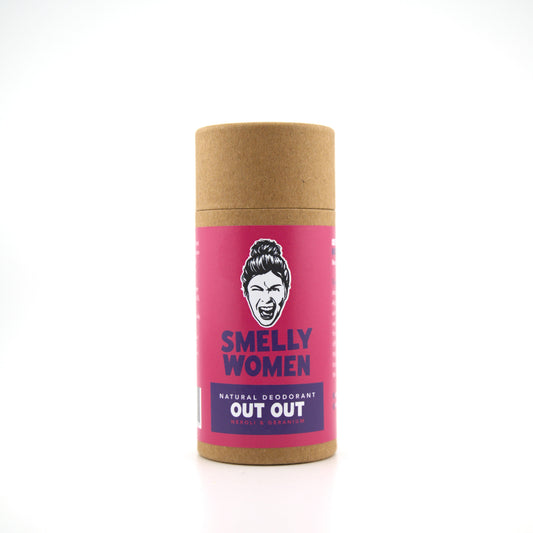 Deodorant stick with pink label and brown cap on white background