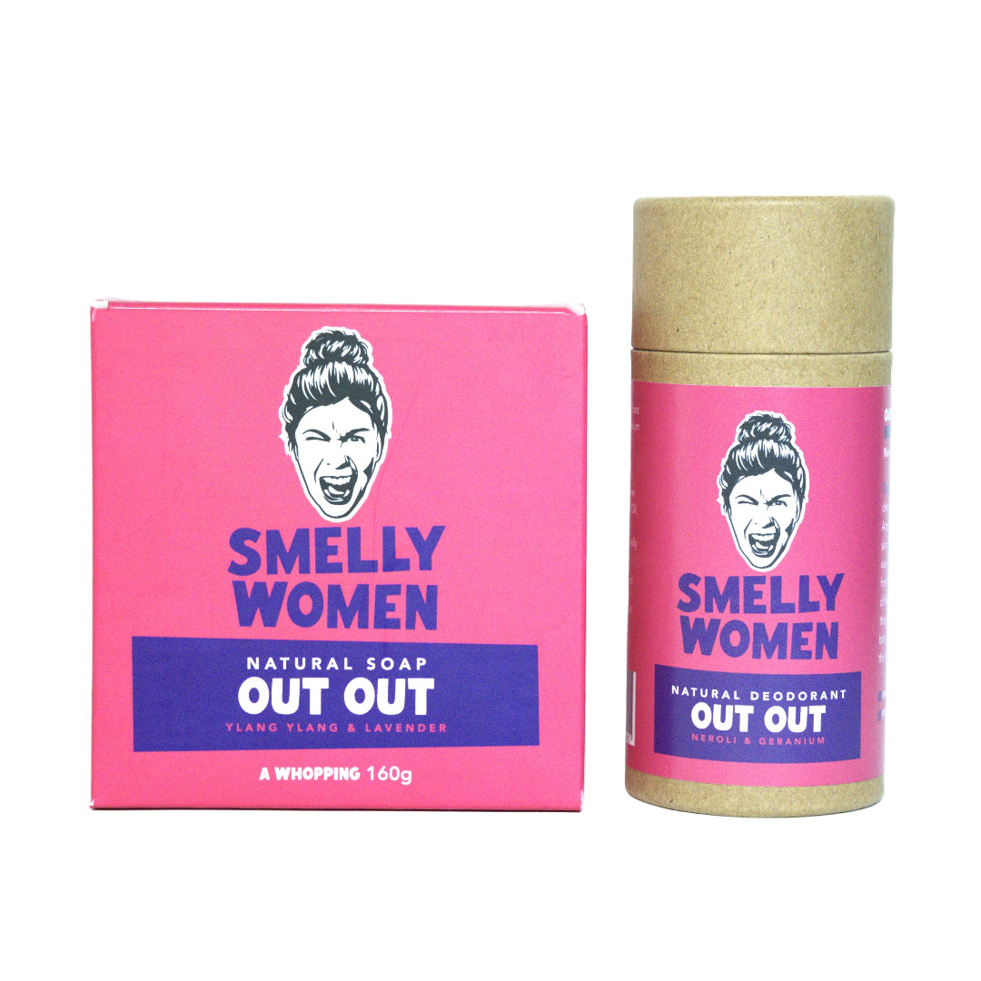 Pink 'Smelly Women' soap and deodorant with a cartoon face on a white background