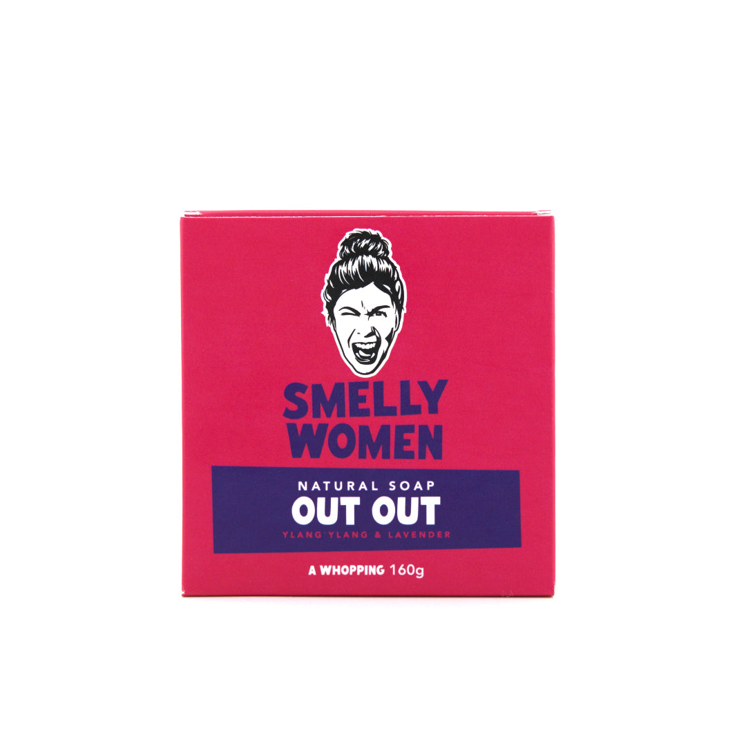 Red and blue soap packaging with a graphic of a woman's face and text on a white background