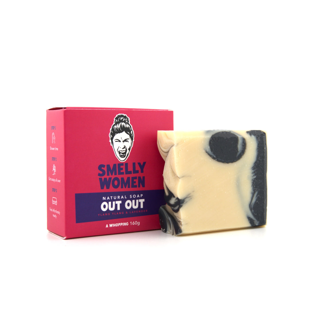 Bar of soap with a pink box labeled 'Smelly Women Out Out' on a white background