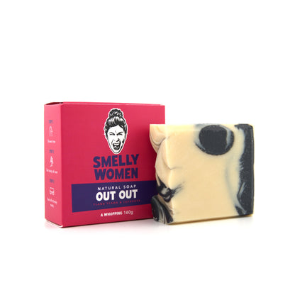 Bar of soap with a pink box labeled 'Smelly Women Out Out' on a white background
