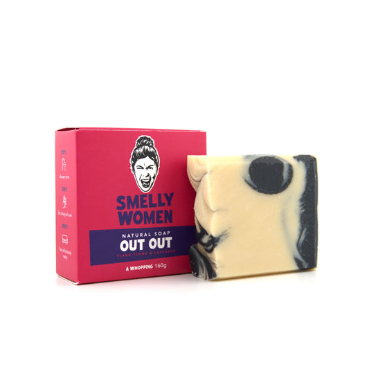Bar of soap with a pink box labeled 'Smelly Women Out Out' on a white background