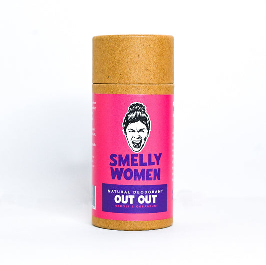 Deodorant stick with pink label and card tube on a white background