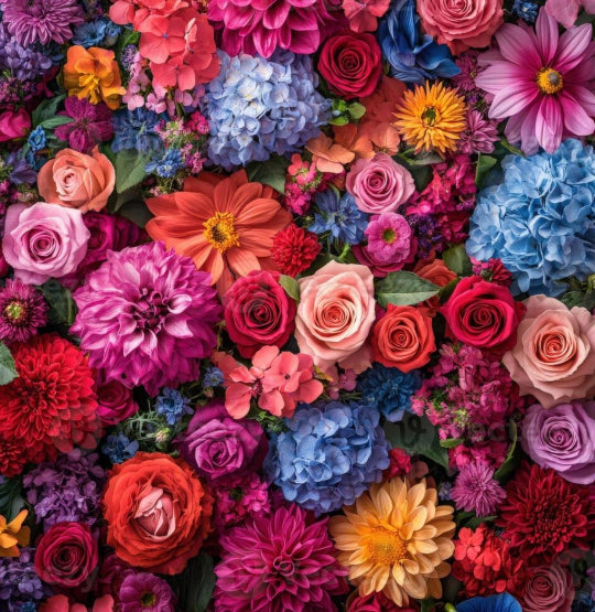 Colorful bouquet of flowers including roses and hydrangeas.
