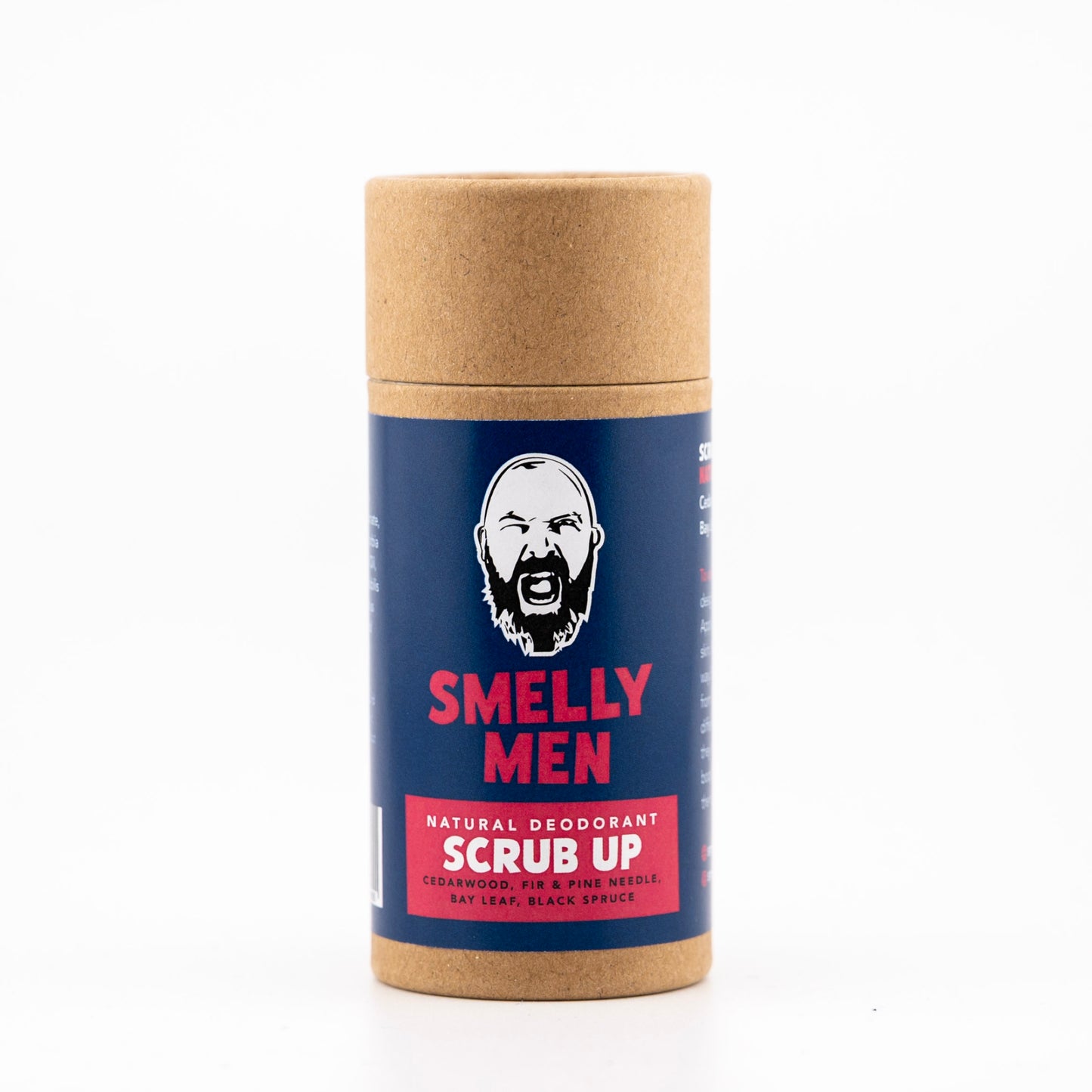 Deodorant scrub up product with a blue label and brown lid on a white background