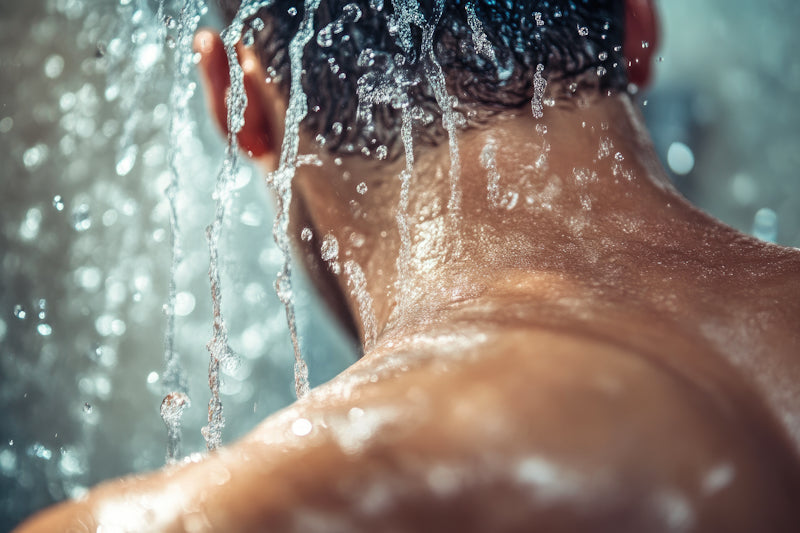 A man's neck and shoulders under a shower of water