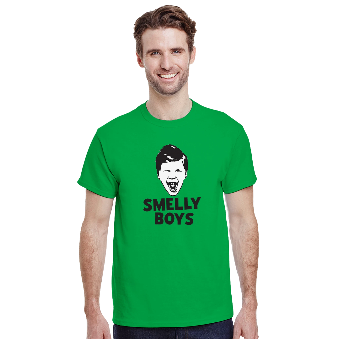 Man wearing a green t-shirt with a graphic and text 'SMELLY BOYS' on a white background