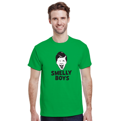 Man wearing a green t-shirt with a graphic and text 'SMELLY BOYS' on a white background