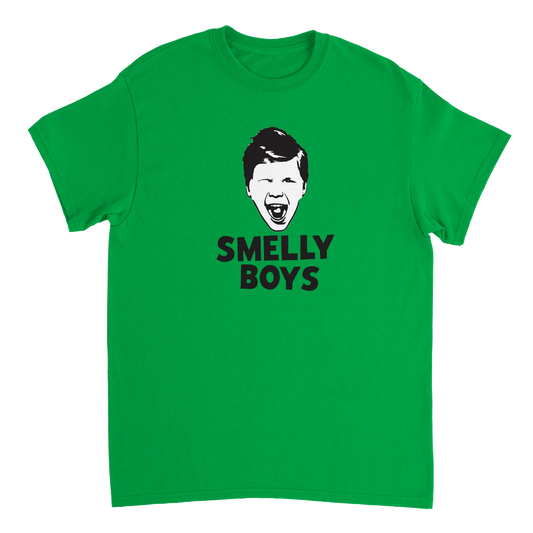 Green t-shirt with a graphic of a boy's face and 'SMELLY BOYS' text on a white background