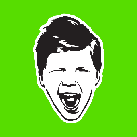 Black and white illustration of a shouting face on a green background