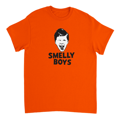 Orange t-shirt with a graphic of a face and 'SMELLY BOYS' text on a white background