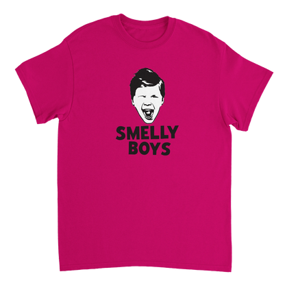 Pink t-shirt with a graphic and 'SMELLY BOYS' text on a white background