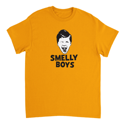 Yellow t-shirt with a graphic of a face and 'SMELLY BOYS' text on a white background