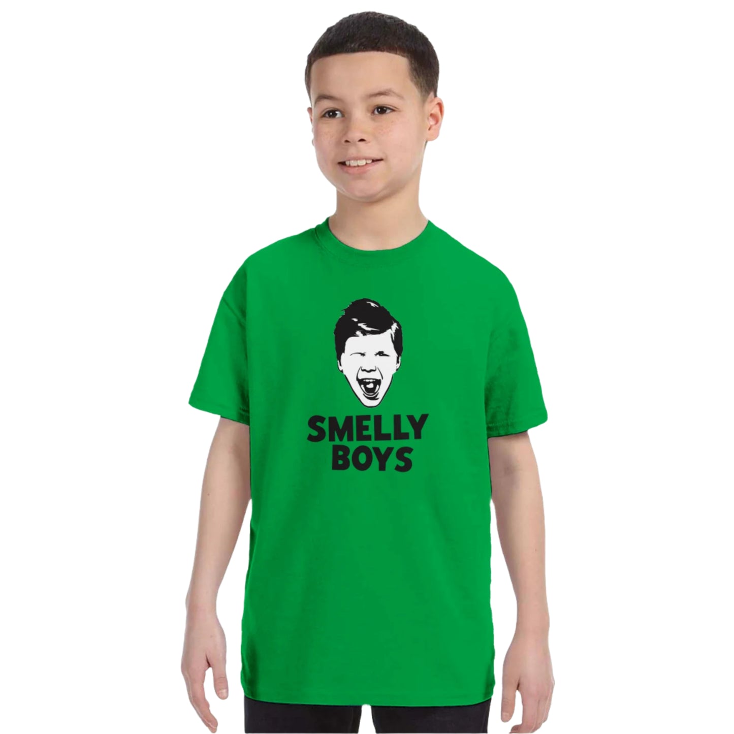 Child wearing a green t-shirt with 'SMELLY BOYS' graphic on a white background